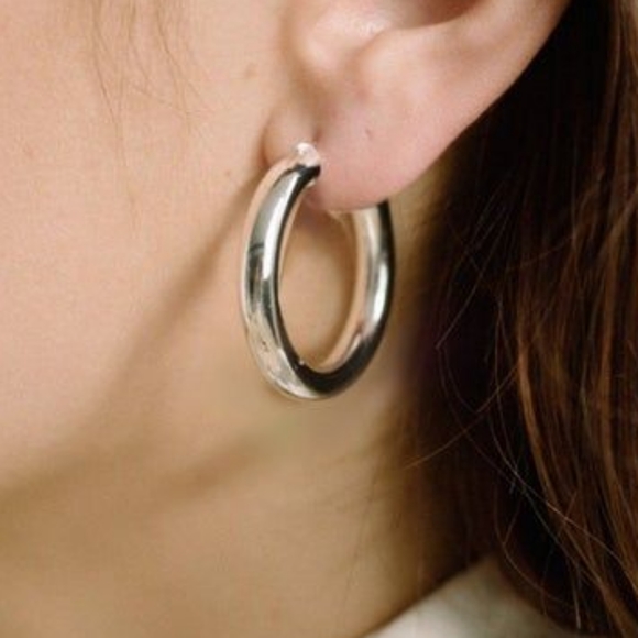 Hoop Earrings by nOir Jewelry. Shiny silvertone, high quality fashion jewelry. - Picture 3 of 3